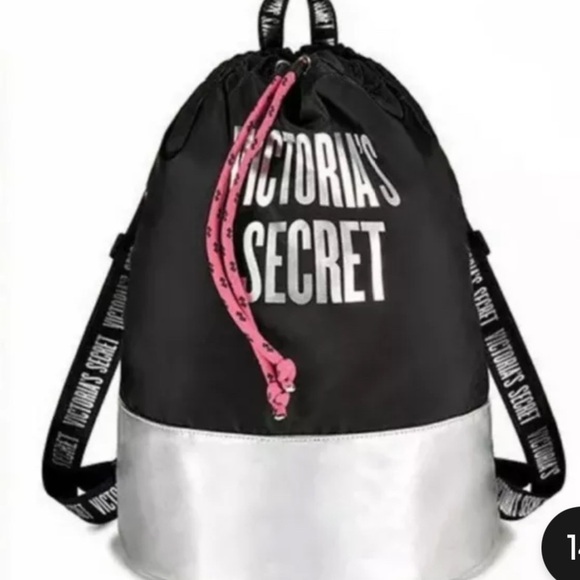 Victoria's Secret- Drawstring Bucket Backpack Bag Black & Silver/ Retired- NWT - Picture 1 of 7